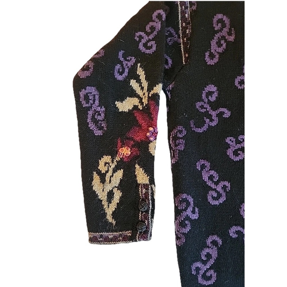 VTG Womens Cardigan Sz PL Black Floral Embroidered Sweater Nordic Scandi Cottage - Picture 5 of 11